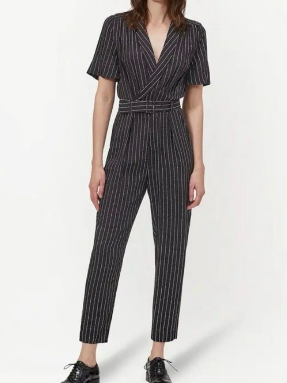 Equipment Black Pinstripe Belted Jumpsuit